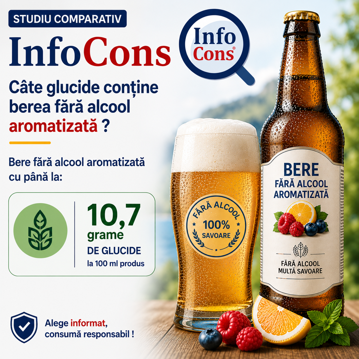 Studiu comparativ InfoCons – Câte glucide conține berea fără alcool aromatizată ? Bere fără alcool aromatizată cu până la 10.7 grame de glucide la 100 ml