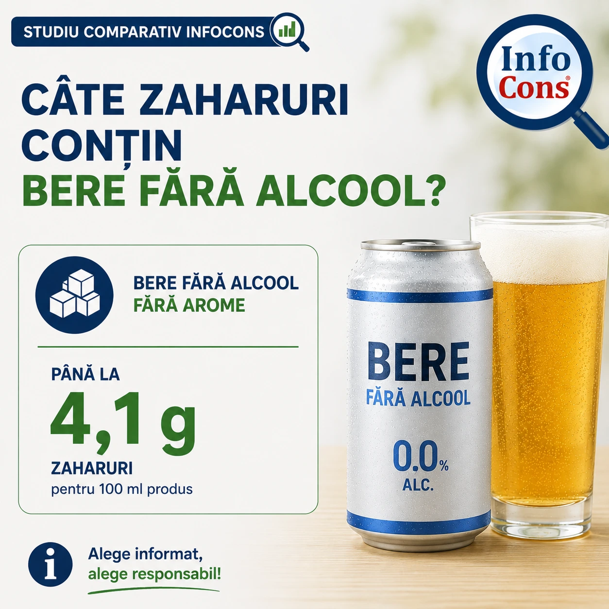 Studiu comparativ InfoCons &ndash; C&acirc;te zaharuri conțin bere fără alcool ? Bere fără alcool fără arome cu p&acirc;nă la 4,1 grame de zaharuri