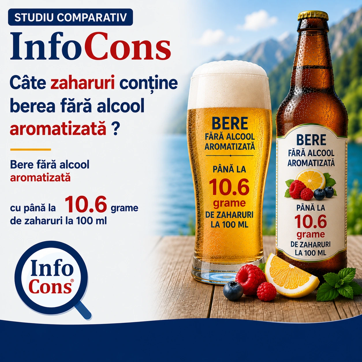 Studiu comparativ InfoCons – Câte zaharuri conține berea fără alcool aromatizată ? Bere fără alcool aromatizată cu până la 10.6 grame de zaharuri la 100 ml