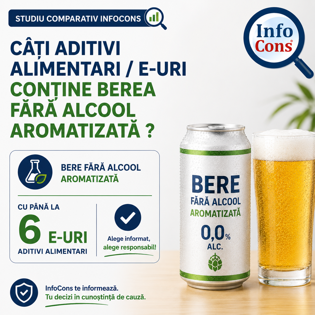 Studiu comparativ InfoCons &ndash; C&acirc;ți aditivi alimentari / E-uri conține berea fără alcool aromatizată ? Bere fără alcool aromatizată cu p&acirc;nă la 6 E-URI / aditivi alimentari