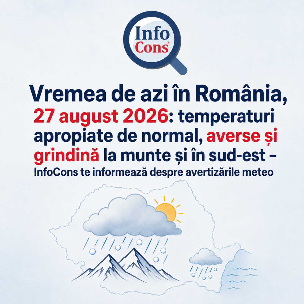Vremea de azi în România, 27 august 2026 : temperaturi apropiate de normal, averse și grindină la munte și în sud-est – InfoCons te informează despre avertizările meteo