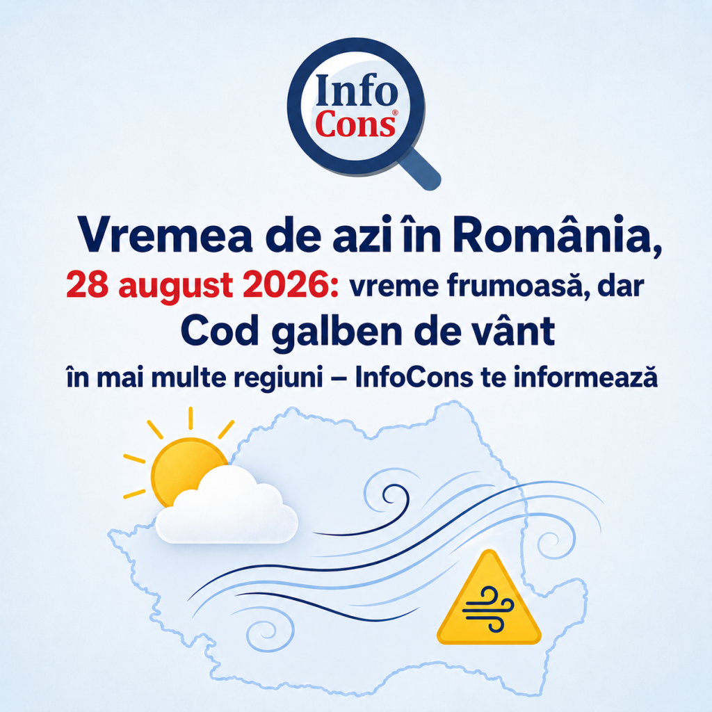 Vremea de azi în România, 28 august 2026 : vreme frumoasă, dar Cod galben de vânt în mai multe regiuni – InfoCons te informează