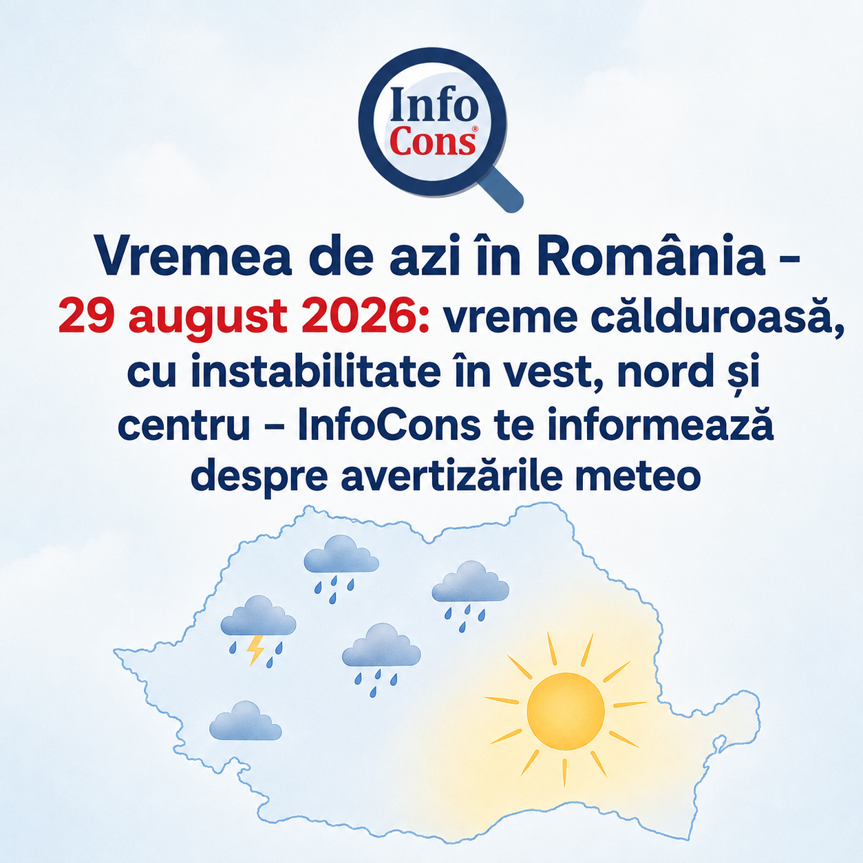 Vremea de azi în România - 29 august 2026 : vreme călduroasă, cu instabilitate în vest, nord și centru – InfoCons te informează despre avertizările meteo