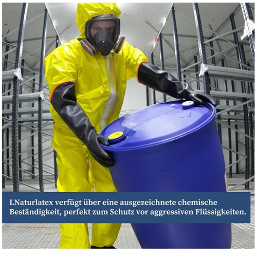 Mănuși de lungime a brațului negru și portocaliu, promovate ca rezistente la acizi sau rezistente la substanțe chimice.