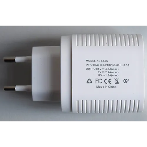 &Icirc;ncărcător de perete de culoare albă, integrat cu un conector european, cu două porturi de ieșire USB de tip C.