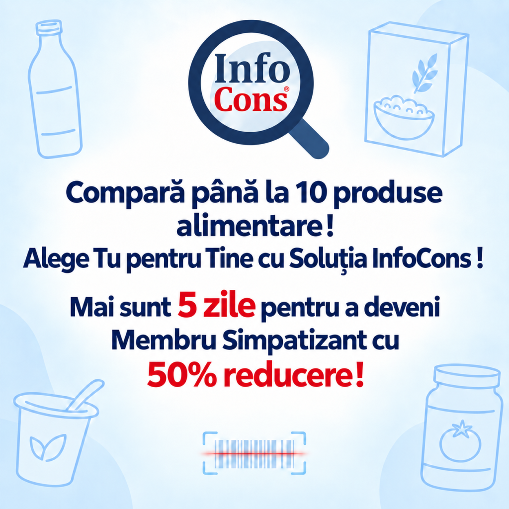 Compară până la 10 produse alimentare ! Alege Tu pentru Tine cu Soluția InfoCons ! Mai sunt 5 zile pentru a deveni Membru Simpatizant cu 50% reducere !