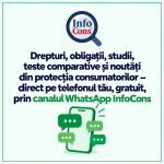 Drepturi , obligații , studii , teste comparative și noutăți din protecția consumatorilor – direct pe telefonul tău , gratuit , prin canalul WhatsApp InfoCons