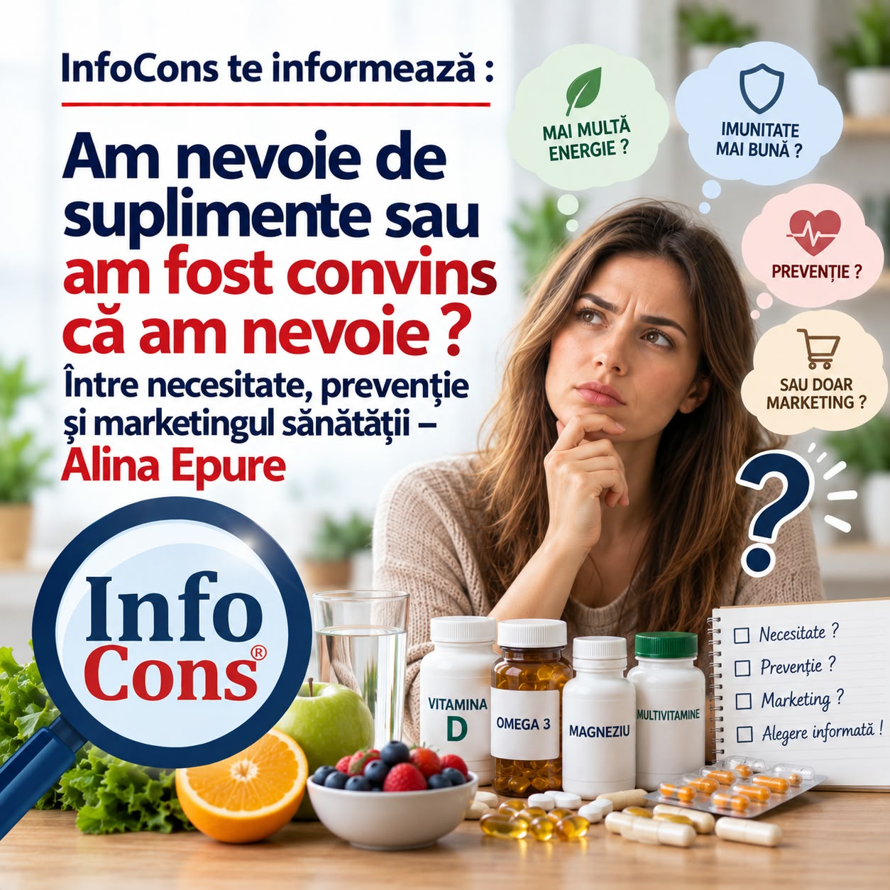 InfoCons te informează : Am nevoie de suplimente sau am fost convins că am nevoie ? - Între necesitate, prevenție și marketingul sănătății – Alina Epure
