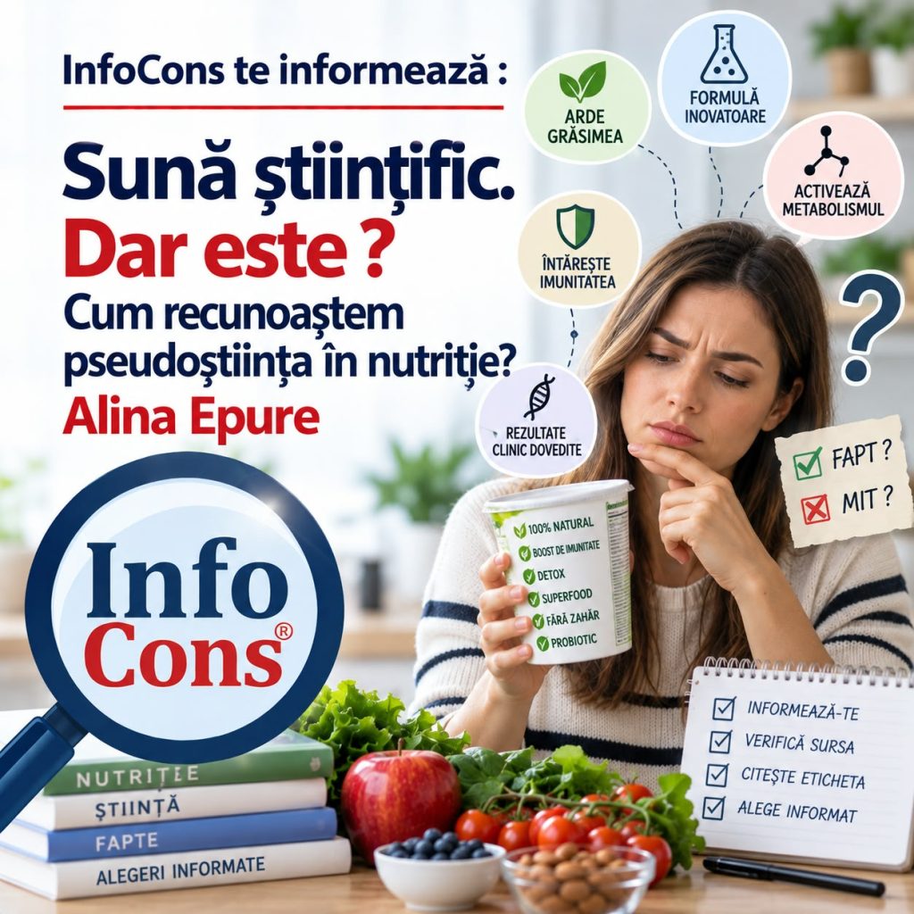 InfoCons te informează : Sună științific. Dar este ? Cum recunoaștem pseudoștiința &icirc;n nutriție ? &ndash; Alina Epure