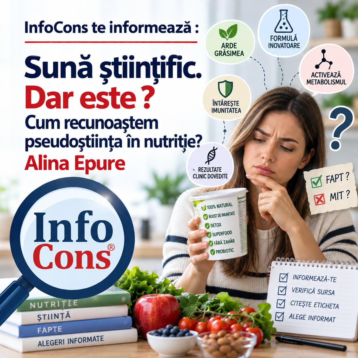 InfoCons te informează : Sună științific. Dar este ? Cum recunoaștem pseudoștiința în nutriție ? – Alina Epure