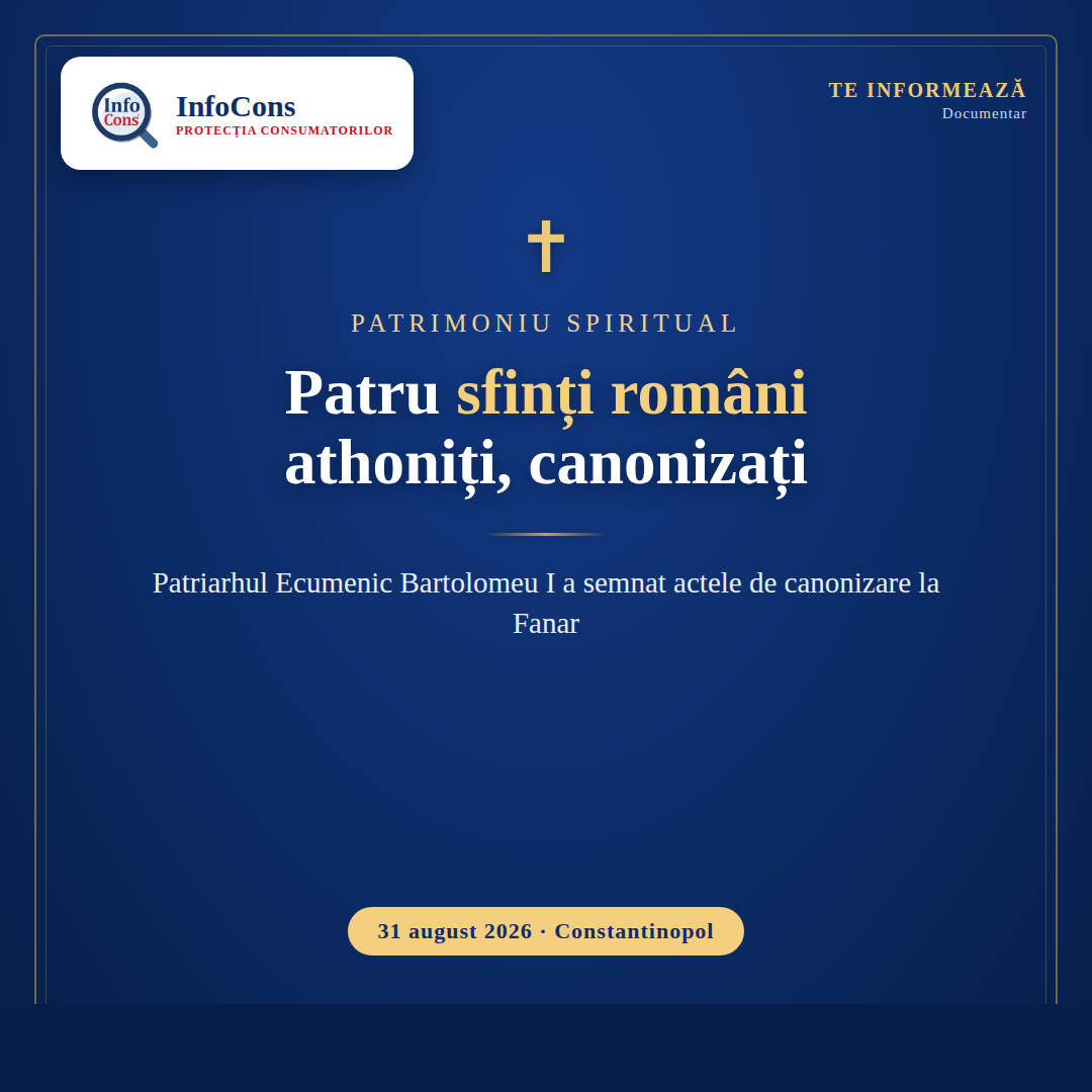 Patriarhul Ecumenic Bartolomeu I a semnat actele de canonizare a patru sfinti romani athoniti - InfoCons Protectia Consumatorilor te informeaza