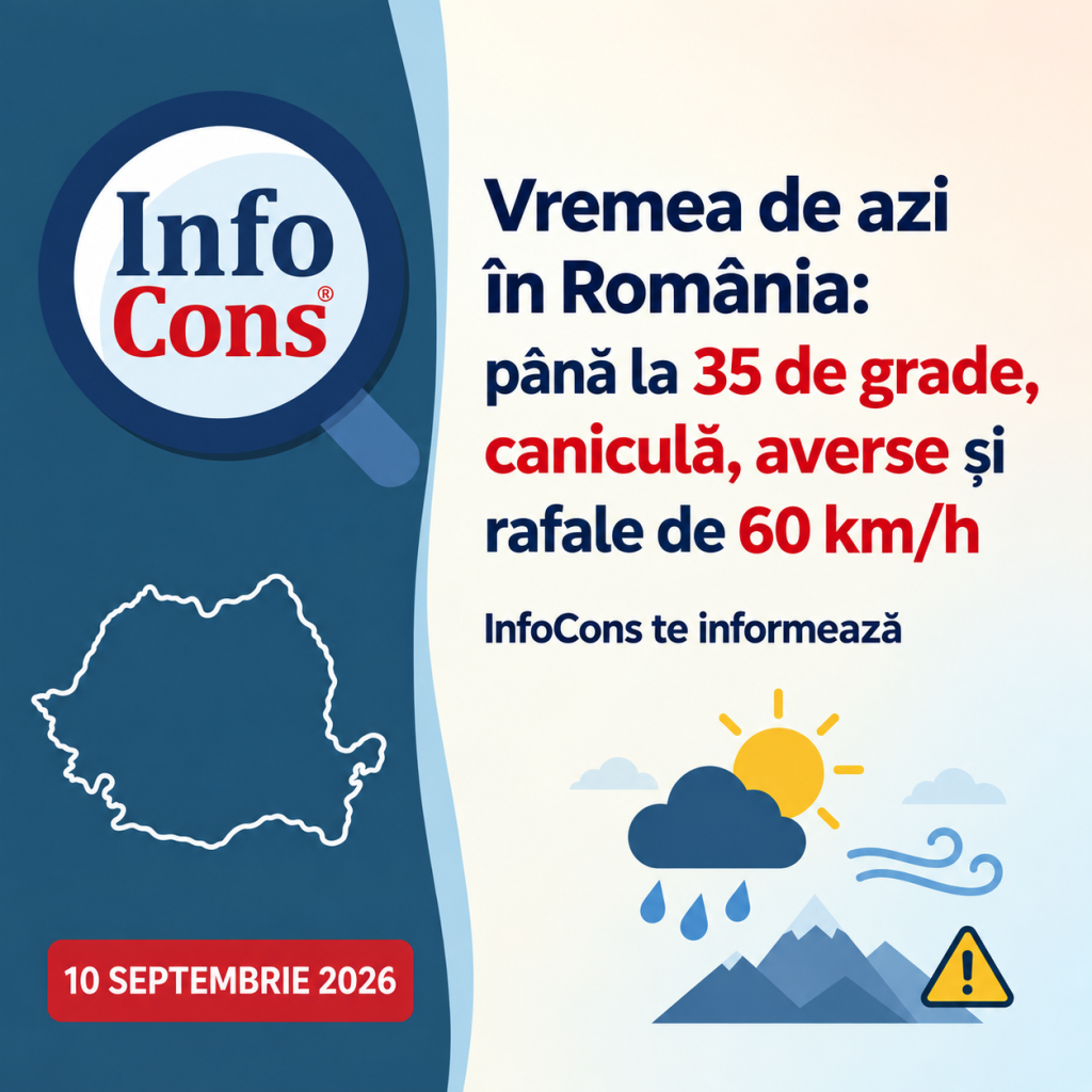 Vremea de azi în România , 10 septembrie 2026 : până la 35 de grade, caniculă, averse și intensificări ale vântului – InfoCons te informează despre avertizările meteo