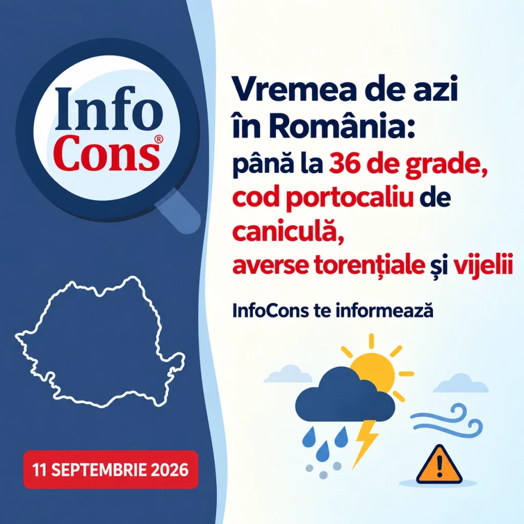 Vremea de azi &icirc;n Rom&acirc;nia , 11 septembrie 2026 p&acirc;nă la 36 de grade, cod portocaliu de caniculă, averse torențiale și vijelii &ndash; InfoCons te informează despre avertizările meteo