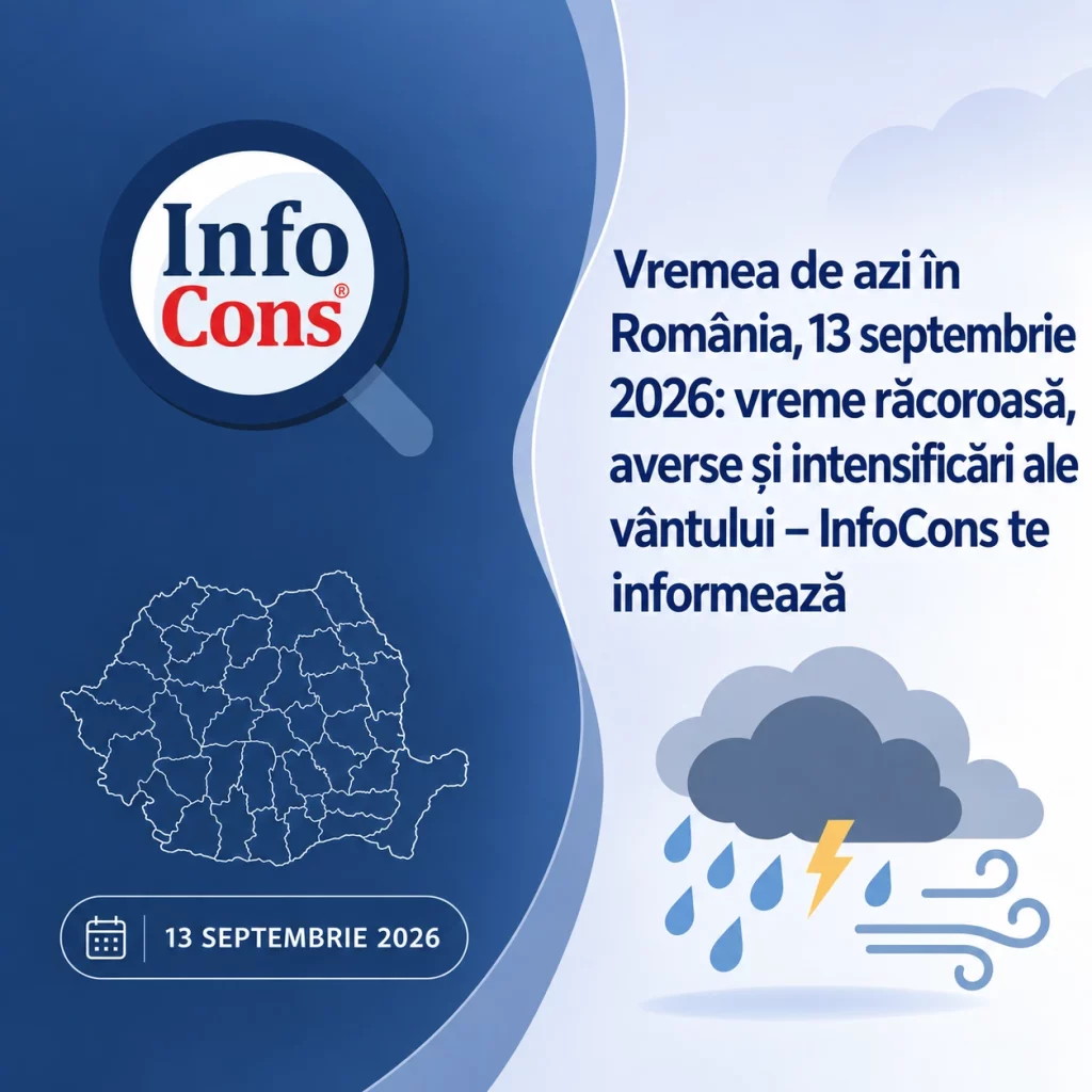Astăzi, duminică, 13 septembrie 2026, vremea va continua să se răcească, devenind răcoroasă pe alocuri. Aversele și descărcările electrice vor fi prezente în special în sud-est, dar vor apărea și în sud, centru și în zona montană. InfoCons prezintă prognoza detaliată pentru astăzi, astfel încât fiecare cetățean să știe la ce să se aștepte și cum să se protejeze. Cum va fi vremea astăzi în țară Procesul de răcire va continua în cea mai mare parte a României, iar vremea va deveni răcoroasă pe alocuri. Cerul va fi variabil, cu înnorări temporare. În regiunile sud-estice vor fi averse și descărcări electrice. Astfel de fenomene vor apărea pe arii mai restrânse și în celelalte regiuni, cu o probabilitate mai ridicată în sudul și centrul țării, precum și în zona montană. Izolat, cantitățile de apă vor fi mai însemnate și se vor situa între 15 și 25 l/mp. Vântul va sufla slab și moderat, cu intensificări izolate de 45–50 km/h, îndeosebi în timpul ploilor. Temperaturile maxime se vor încadra, în general, între 20 și 27 de grade, iar cele minime vor fi cuprinse între 7 și 18 grade. Vremea de azi la București În București, vremea va fi închisă și se va răci. Vor fi averse, iar cantitățile de apă acumulate se vor situa, în medie, între 5 și 10 l/mp. Vântul va sufla moderat. Temperatura maximă va fi cuprinsă între 23 și 25 de grade, iar cea minimă se va situa între 13 și 15 grade. Recomandările InfoCons pentru o zi cu ploi și vreme răcoroasă Pentru reducerea riscurilor asociate ploilor și intensificărilor vântului, InfoCons recomandă: verificați prognoza înainte de deplasare și luați în calcul schimbarea rapidă a condițiilor meteorologice; purtați îmbrăcăminte adecvată temperaturilor mai scăzute și protejați-vă de ploaie; reduceți viteza în trafic și păstrați distanța față de celelalte vehicule, deoarece carosabilul umed crește riscul de accidente; evitați staționarea în apropierea copacilor, stâlpilor sau structurilor care pot fi afectate de rafalele de vânt; nu traversați zonele inundate sau porțiunile de drum acoperite de apă; urmăriți actualizările emise de Administrația Națională de Meteorologie și respectați recomandările autorităților. Prognozele meteorologice se pot modifica în funcție de evoluția reală a fenomenelor. Informațiile trebuie verificate periodic la sursa oficială.