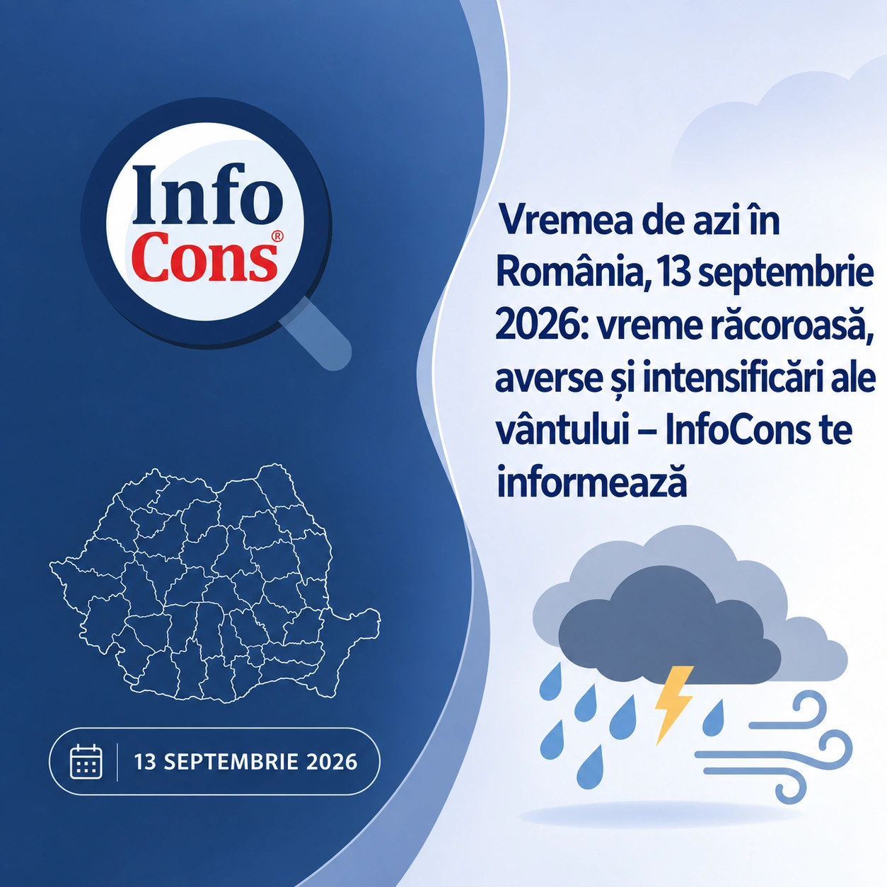 Astăzi, duminică, 13 septembrie 2026, vremea va continua să se răcească, devenind răcoroasă pe alocuri. Aversele și descărcările electrice vor fi prezente în special în sud-est, dar vor apărea și în sud, centru și în zona montană. InfoCons prezintă prognoza detaliată pentru astăzi, astfel încât fiecare cetățean să știe la ce să se aștepte și cum să se protejeze. Cum va fi vremea astăzi în țară Procesul de răcire va continua în cea mai mare parte a României, iar vremea va deveni răcoroasă pe alocuri. Cerul va fi variabil, cu înnorări temporare. În regiunile sud-estice vor fi averse și descărcări electrice. Astfel de fenomene vor apărea pe arii mai restrânse și în celelalte regiuni, cu o probabilitate mai ridicată în sudul și centrul țării, precum și în zona montană. Izolat, cantitățile de apă vor fi mai însemnate și se vor situa între 15 și 25 l/mp. Vântul va sufla slab și moderat, cu intensificări izolate de 45–50 km/h, îndeosebi în timpul ploilor. Temperaturile maxime se vor încadra, în general, între 20 și 27 de grade, iar cele minime vor fi cuprinse între 7 și 18 grade. Vremea de azi la București În București, vremea va fi închisă și se va răci. Vor fi averse, iar cantitățile de apă acumulate se vor situa, în medie, între 5 și 10 l/mp. Vântul va sufla moderat. Temperatura maximă va fi cuprinsă între 23 și 25 de grade, iar cea minimă se va situa între 13 și 15 grade. Recomandările InfoCons pentru o zi cu ploi și vreme răcoroasă Pentru reducerea riscurilor asociate ploilor și intensificărilor vântului, InfoCons recomandă: verificați prognoza înainte de deplasare și luați în calcul schimbarea rapidă a condițiilor meteorologice; purtați îmbrăcăminte adecvată temperaturilor mai scăzute și protejați-vă de ploaie; reduceți viteza în trafic și păstrați distanța față de celelalte vehicule, deoarece carosabilul umed crește riscul de accidente; evitați staționarea în apropierea copacilor, stâlpilor sau structurilor care pot fi afectate de rafalele de vânt; nu traversați zonele inundate sau porțiunile de drum acoperite de apă; urmăriți actualizările emise de Administrația Națională de Meteorologie și respectați recomandările autorităților. Prognozele meteorologice se pot modifica în funcție de evoluția reală a fenomenelor. Informațiile trebuie verificate periodic la sursa oficială.