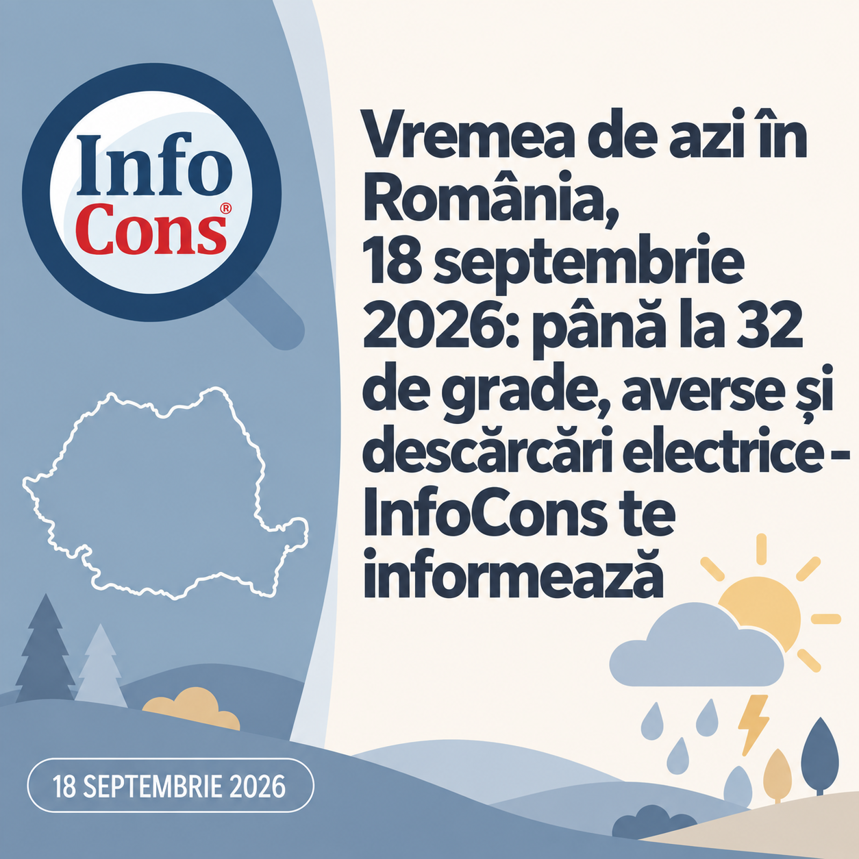 Vremea de azi &icirc;n Rom&acirc;nia , 18 septembrie 2026 : p&acirc;nă la 32 de grade, averse și descărcări electrice &ndash; InfoCons te informează
