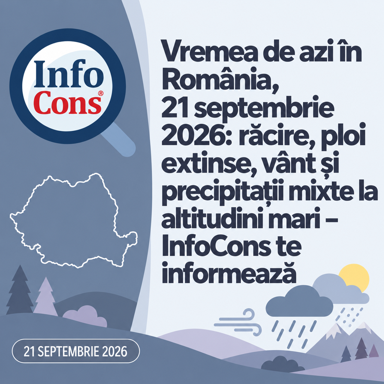 Vremea de azi &icirc;n Rom&acirc;nia , 21 septembrie 2026 : răcire, ploi extinse, v&acirc;nt și precipitații mixte la altitudini mari &ndash; InfoCons te informează