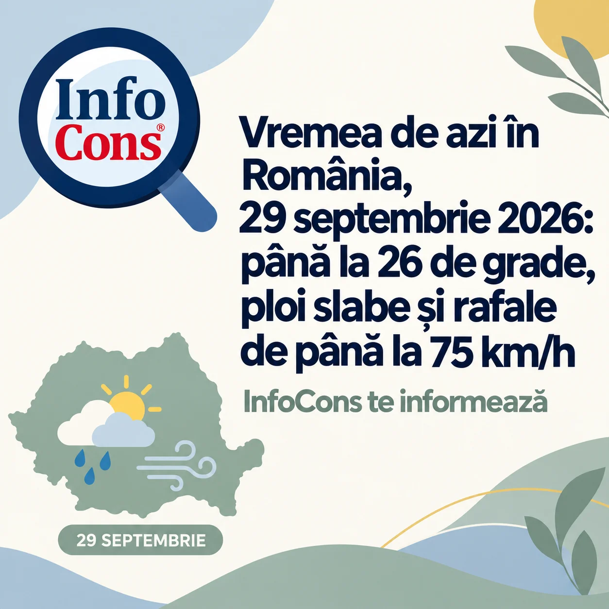 Vremea de azi &icirc;n Rom&acirc;nia &ndash; 29 septembrie 2026 : p&acirc;nă la 26 de grade, ploi slabe și rafale de p&acirc;nă la 75 km/h &ndash; InfoCons te informează