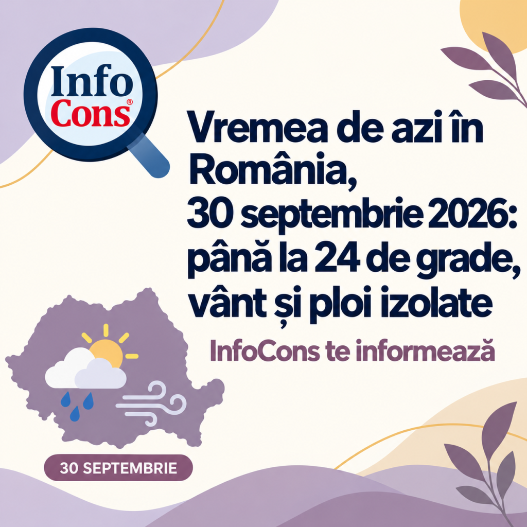 Vremea de azi &icirc;n Rom&acirc;nia , 30 septembrie 2026 p&acirc;nă la 24 de grade, v&acirc;nt și ploi izolate &ndash; InfoCons te informează