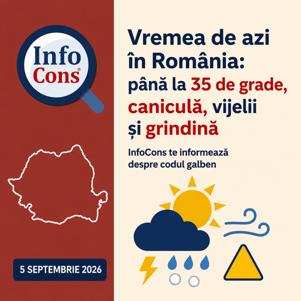 Vremea de azi &icirc;n Rom&acirc;nia, 5 septembrie 2026 : p&acirc;nă la 35 de grade, caniculă, vijelii și grindină &ndash; InfoCons te informează despre codul galben
