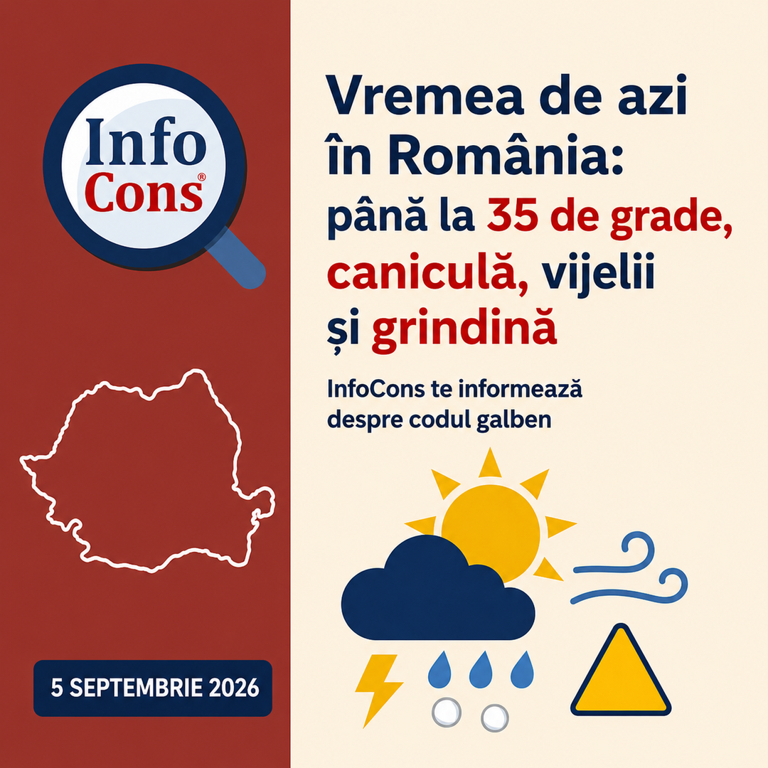Vremea de azi în România, 5 septembrie 2026 : până la 35 de grade, caniculă, vijelii și grindină – InfoCons te informează despre codul galben