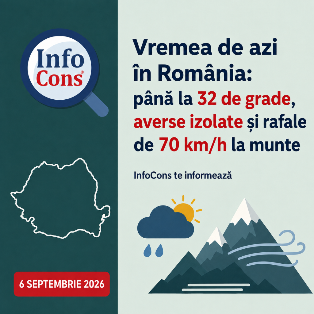 Vremea de azi &icirc;n Rom&acirc;nia , 6 septembrie 2026 p&acirc;nă la 32 de grade, averse izolate și rafale de 70 kmh la munte &ndash; InfoCons te informează