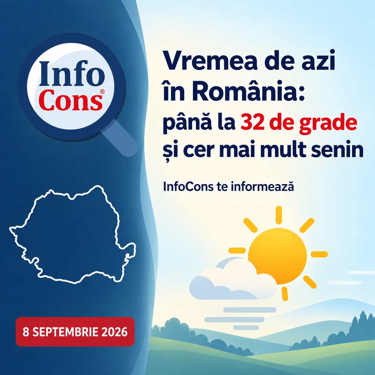 Vremea de azi în România , 8 septembrie 2026 : până la 32 de grade și cer mai mult senin – InfoCons te informează despre avertizările meteo