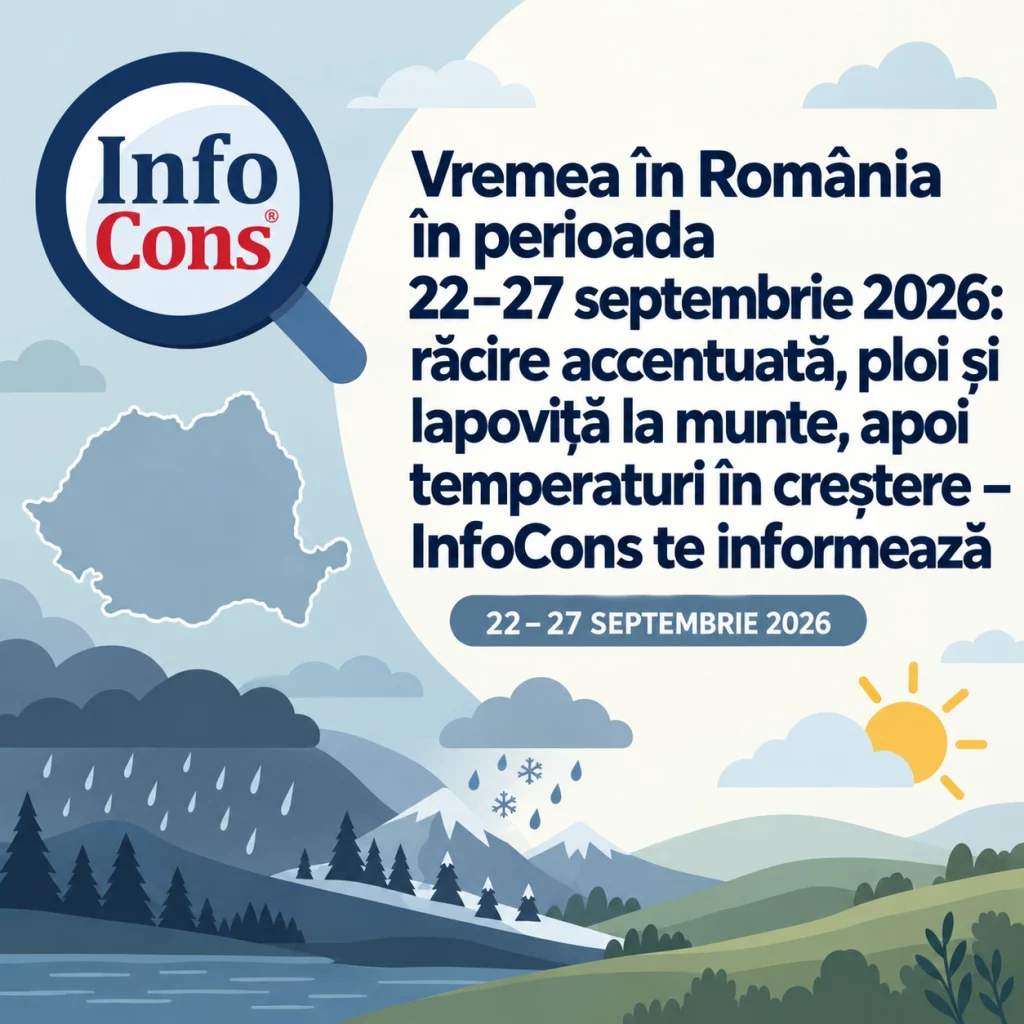 Vremea &icirc;n Rom&acirc;nia &icirc;n perioada 22 &ndash; 27 septembrie 2026 răcire accentuată, ploi și lapoviță la munte, apoi temperaturi &icirc;n creștere &ndash; InfoCons te informează
