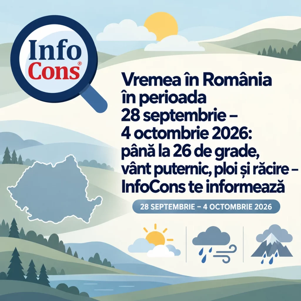 Vremea &icirc;n Rom&acirc;nia &icirc;n perioada 28 septembrie &ndash; 4 octombrie 2026 : p&acirc;nă la 26 de grade, v&acirc;nt puternic, ploi și răcire &ndash; InfoCons te informează
