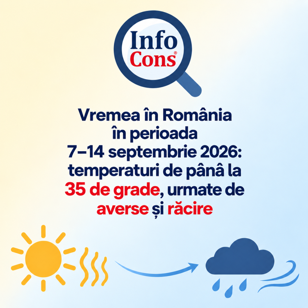 Vremea &icirc;n Rom&acirc;nia &icirc;n perioada 7&ndash;14 septembrie 2026 temperaturi de p&acirc;nă la 35 de grade, urmate de averse și răcire