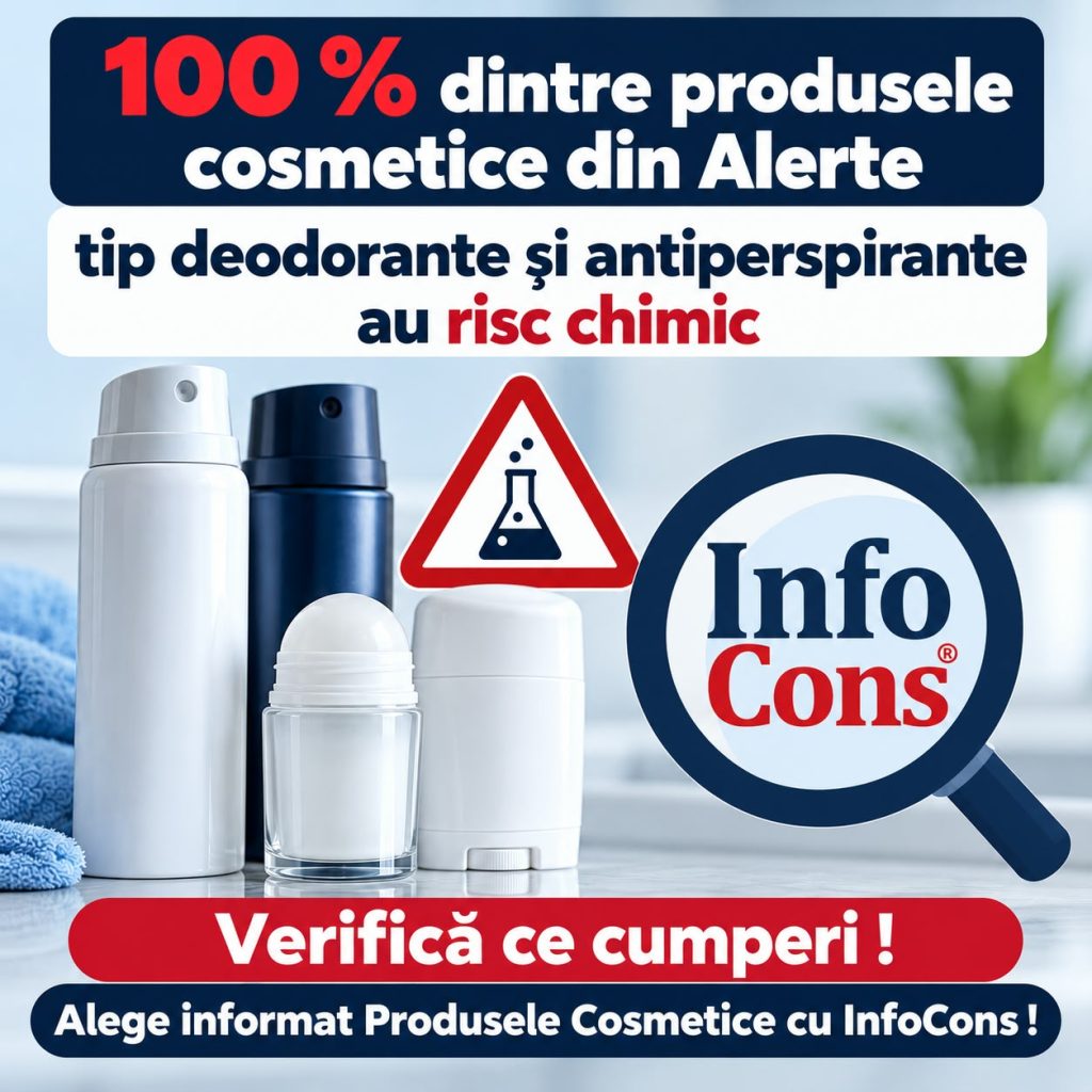 100 % dintre produsele cosmetice din Alerte tip deodorante și antiperspirante au risc chimic - Verifică ce cumperi ! Alege informat Produsele Cosmetice cu InfoCons !