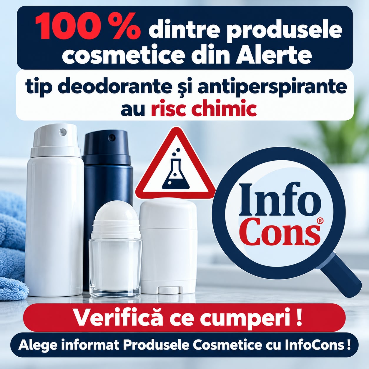 100 % dintre produsele cosmetice din Alerte tip deodorante și antiperspirante au risc chimic - Verifică ce cumperi ! Alege informat Produsele Cosmetice cu InfoCons !