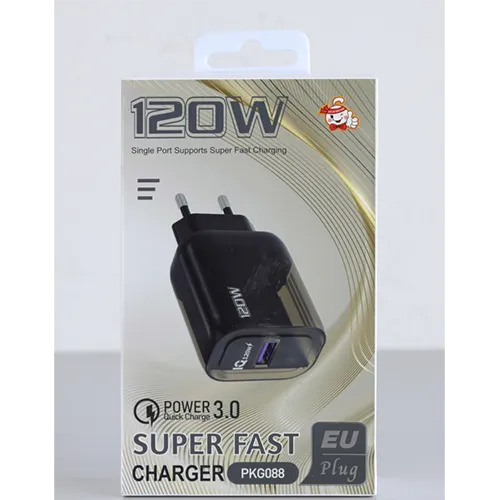 Încărcător de perete din plastic negru cu un port de ieșire USB Type-A.