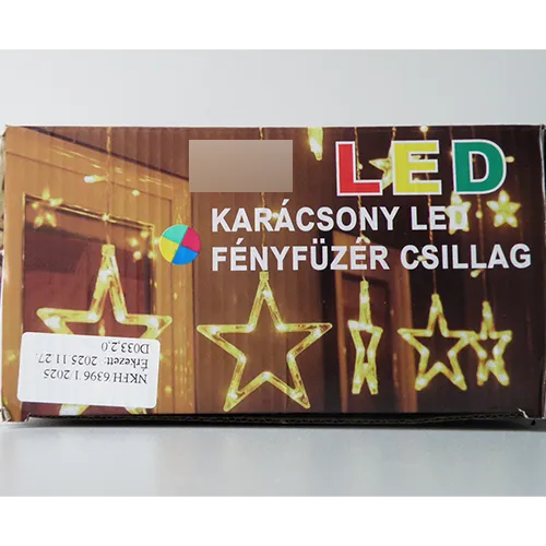 Lanț de iluminat cortină decorativ extensibil cu LED-uri, cu 108 lumini LED colorate, ne&icirc;nlocuibile, &icirc;n carcase transparente din plastic &icirc;n formă de stea și o cutie de unitate redresoare electronică albă.