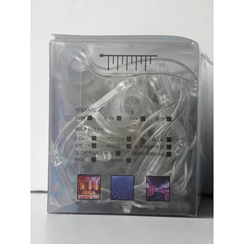 Lanț de iluminat LED decorativ extensibil &icirc;n stil ciclic, cu 125 de lumini LED albastre ne&icirc;nlocuibile, fire izolate transparente și o cutie mică de redresor electronic alb.