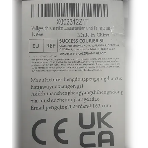 Mască respiratorie, comercializată ca „Mască respiratorie cu față completă cu filtru 6001, mască de praf pentru protecție împotriva particulelor fine, mască de vopsire pentru gaze, vapori, rășină epoxidică, vopsire prin pulverizare, substanțe chimice, șlefuire, lucrări de construcții, industrie”.