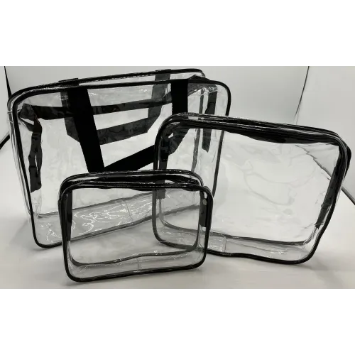 Geantă de toaletă transparentă din plastic transparent moale, cu fermoar negru.