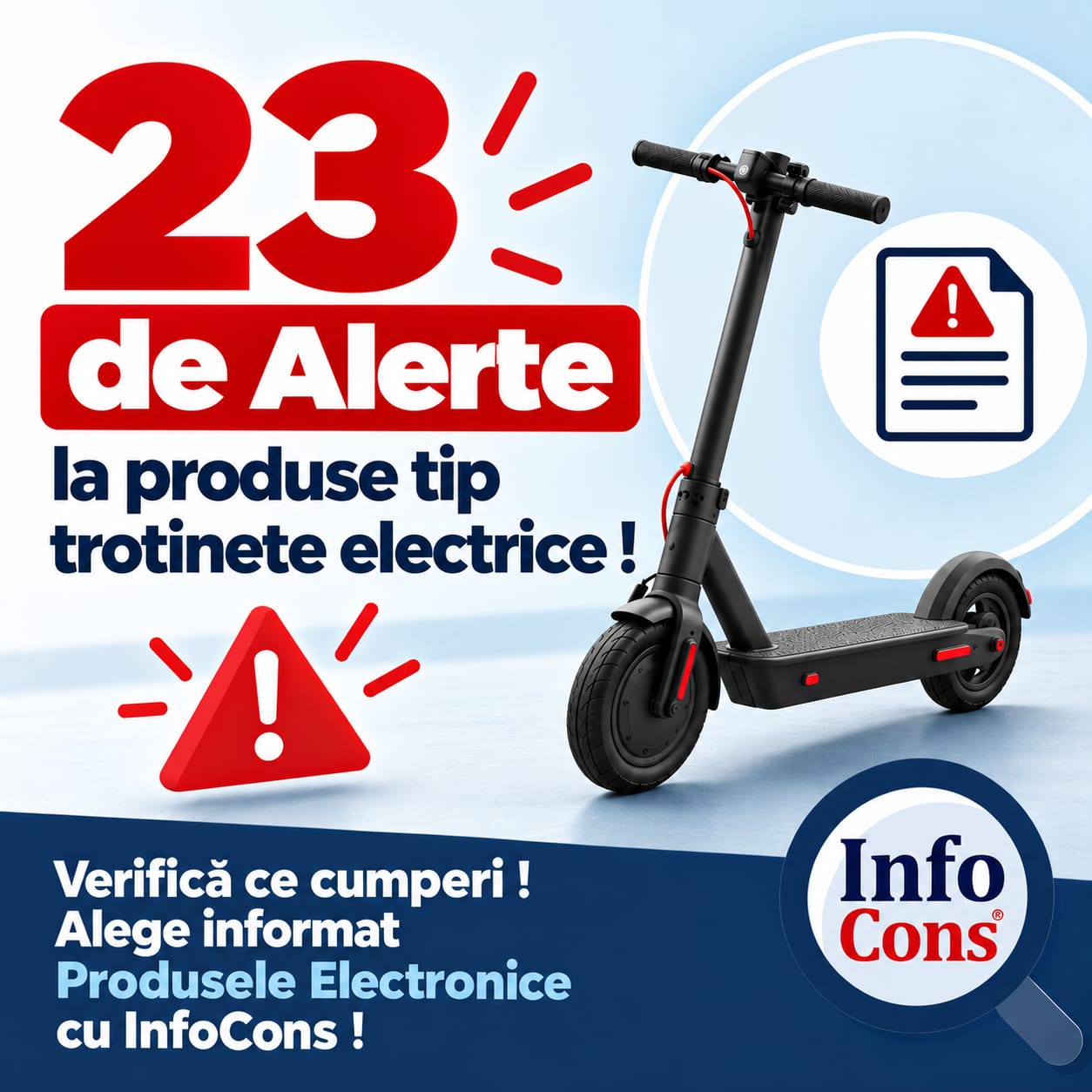 23 de Alerte la produse tip trotinete electrice ! Verifică ce cumperi ! Alege informat Produsele Electronice cu InfoCons !
