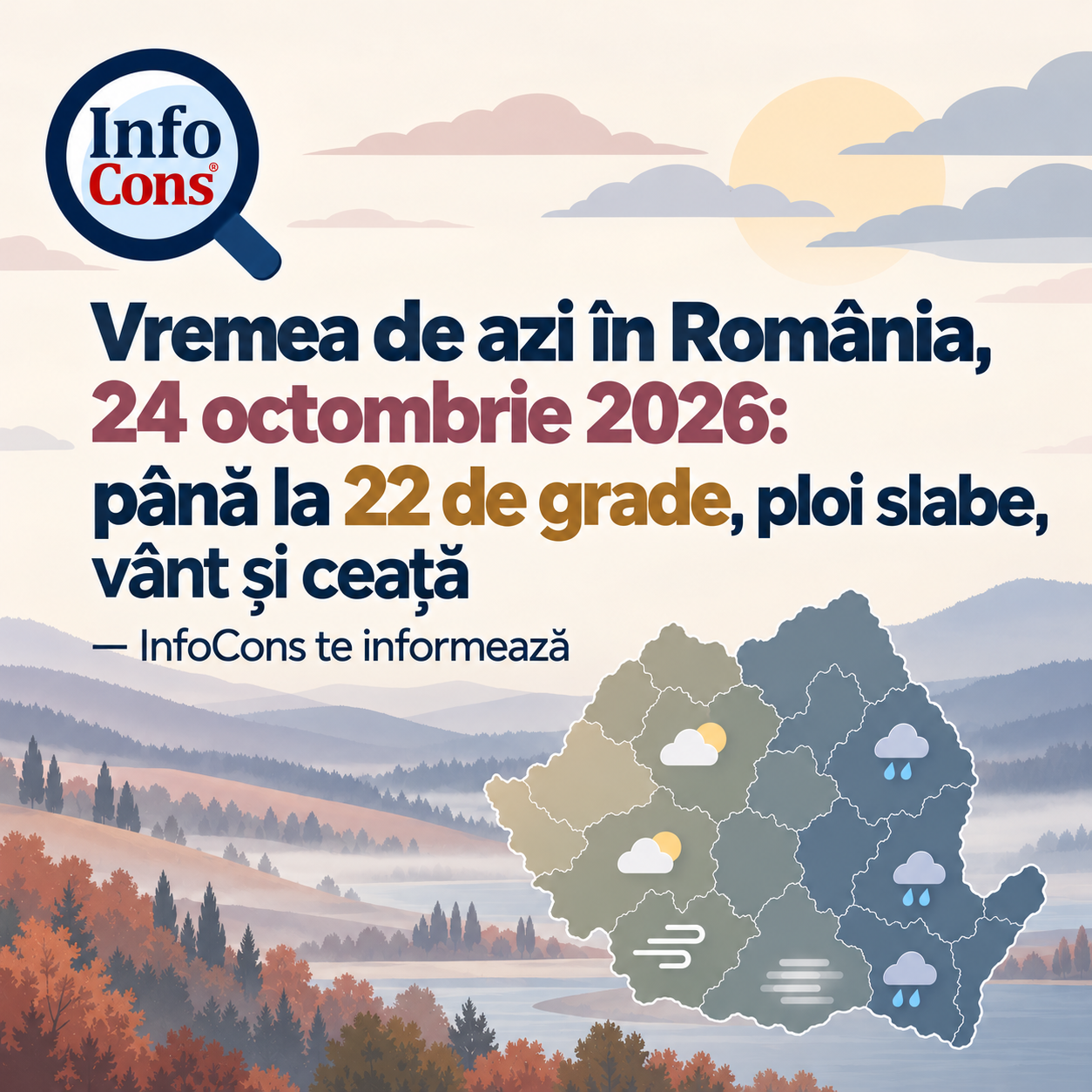 Vremea de azi în România , 24 octombrie 2026 : până la 22 de grade, ploi slabe, vânt și ceață – InfoCons te informează