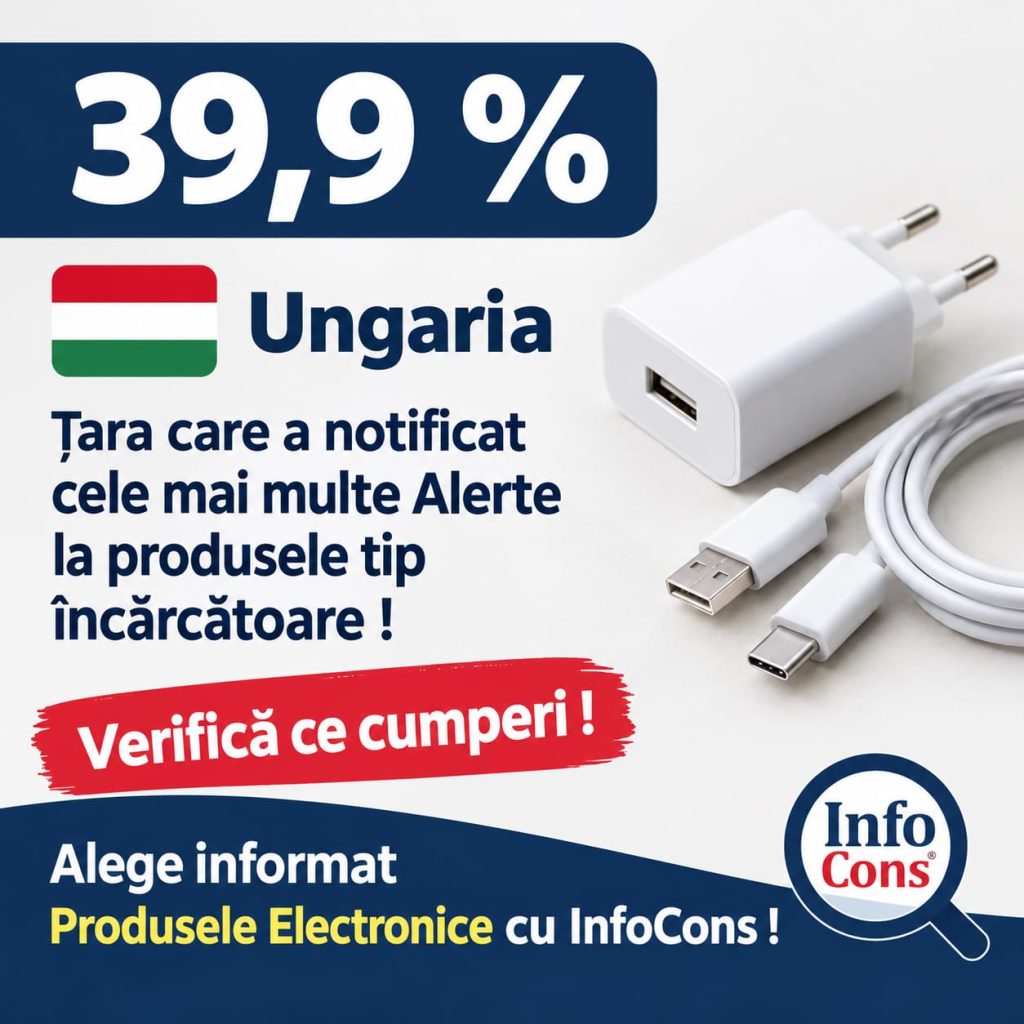 39,9 % - Ungaria – Țara care a notificat cele mai multe Alerte la produsele tip încărcătoare ! Verifică ce cumperi ! Alege informat Produsele Electronice cu InfoCons !