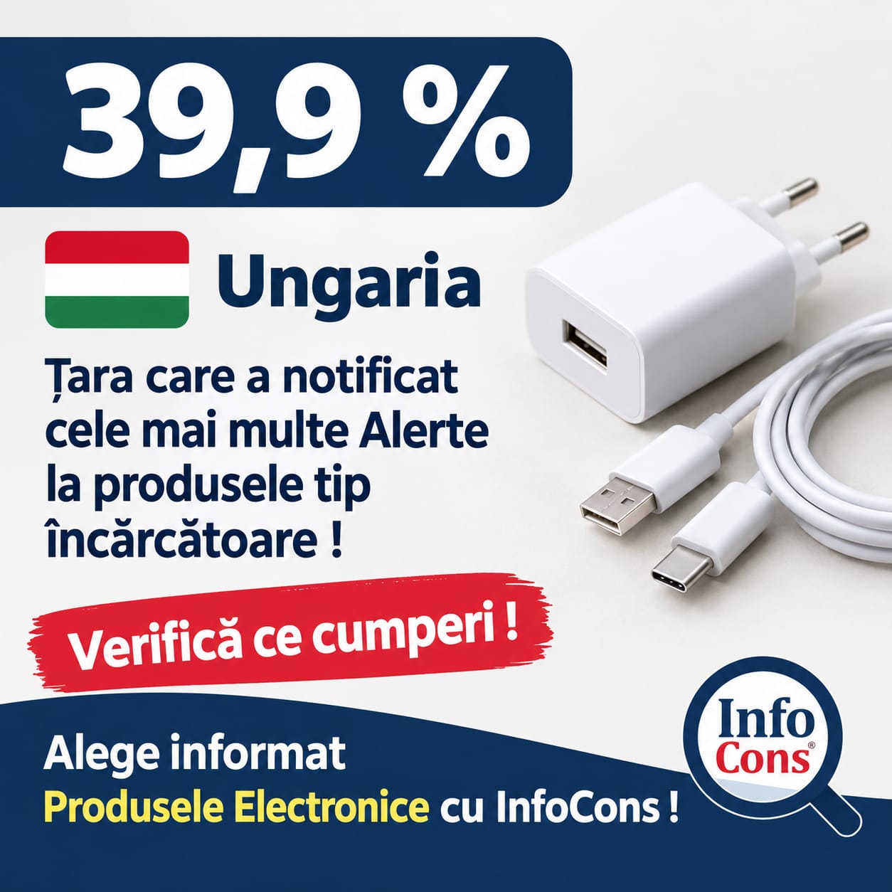 39,9 % - Ungaria – Țara care a notificat cele mai multe Alerte la produsele tip încărcătoare ! Verifică ce cumperi ! Alege informat Produsele Electronice cu InfoCons !