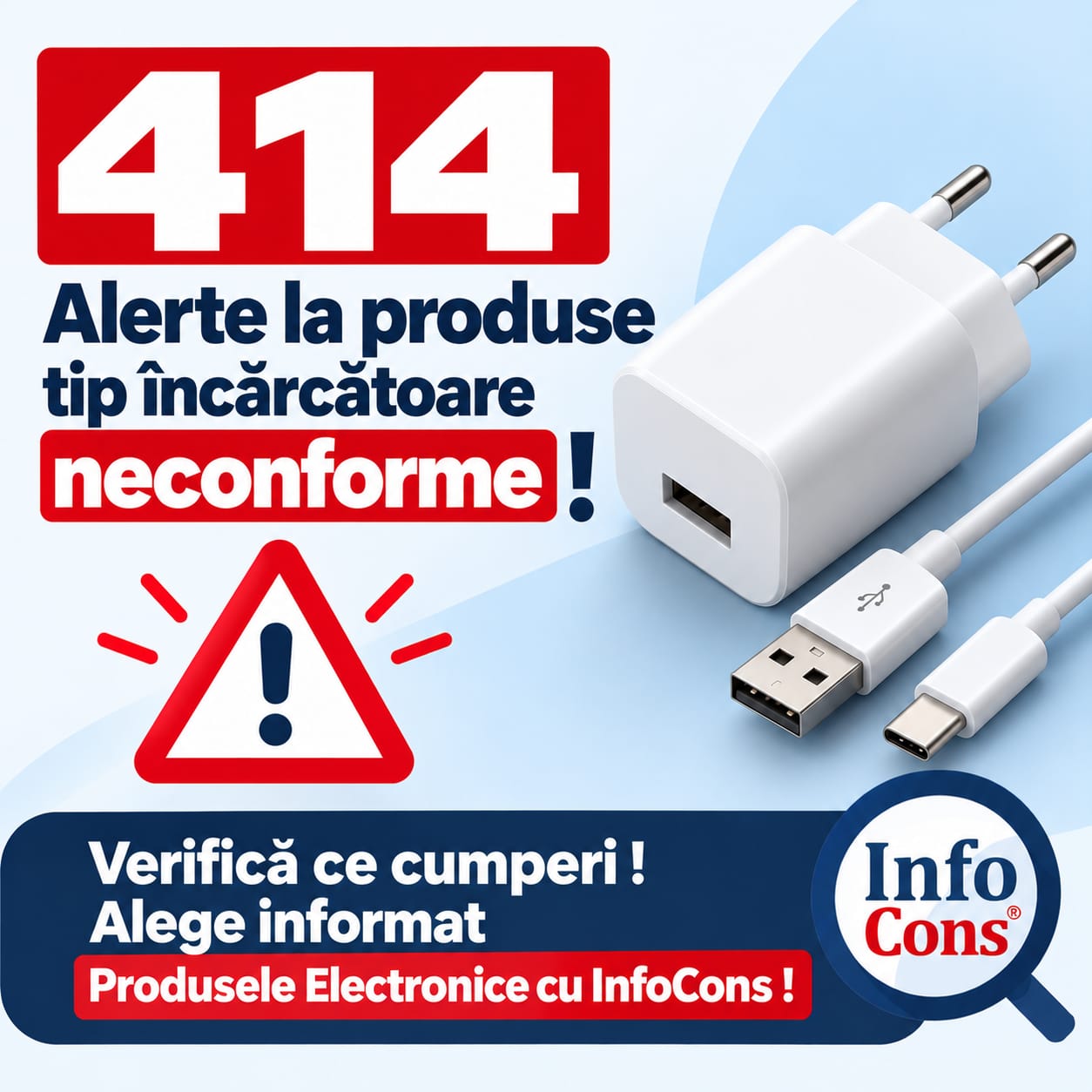 414 Alerte la produse tip încărcătoare neconforme ! Verifică ce cumperi ! Alege informat Produsele Electronice cu InfoCons !