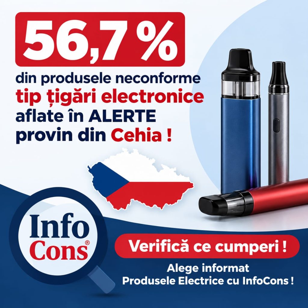 56,7 % din produsele neconforme tip țigări electronice aflate în ALERTE provin din Cehia ! Verifică ce cumperi ! Alege informat Produsele Electrice cu InfoCons !