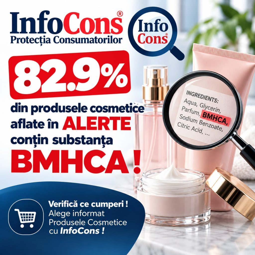 82.9 % din produsele cosmetice aflate &icirc;n ALERTE conțin substanța BMHCA ! Verifică ce cumperi ! Alege informat Produsele Cosmetice cu InfoCons !