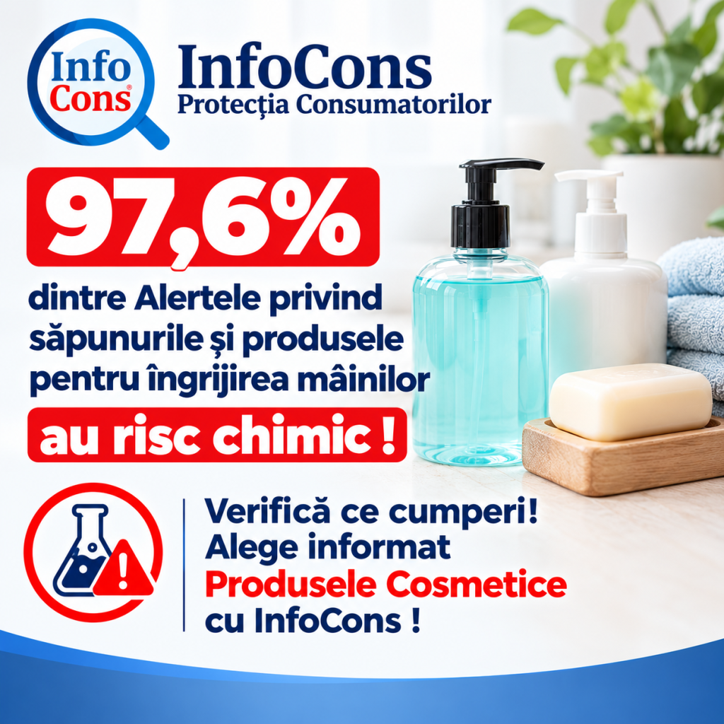 97,6% dintre Alertele privind săpunurile și produsele pentru &icirc;ngrijirea m&acirc;inilor au risc chimic ! Verifică ce cumperi! Alege informat Produsele Cosmetice cu InfoCons !