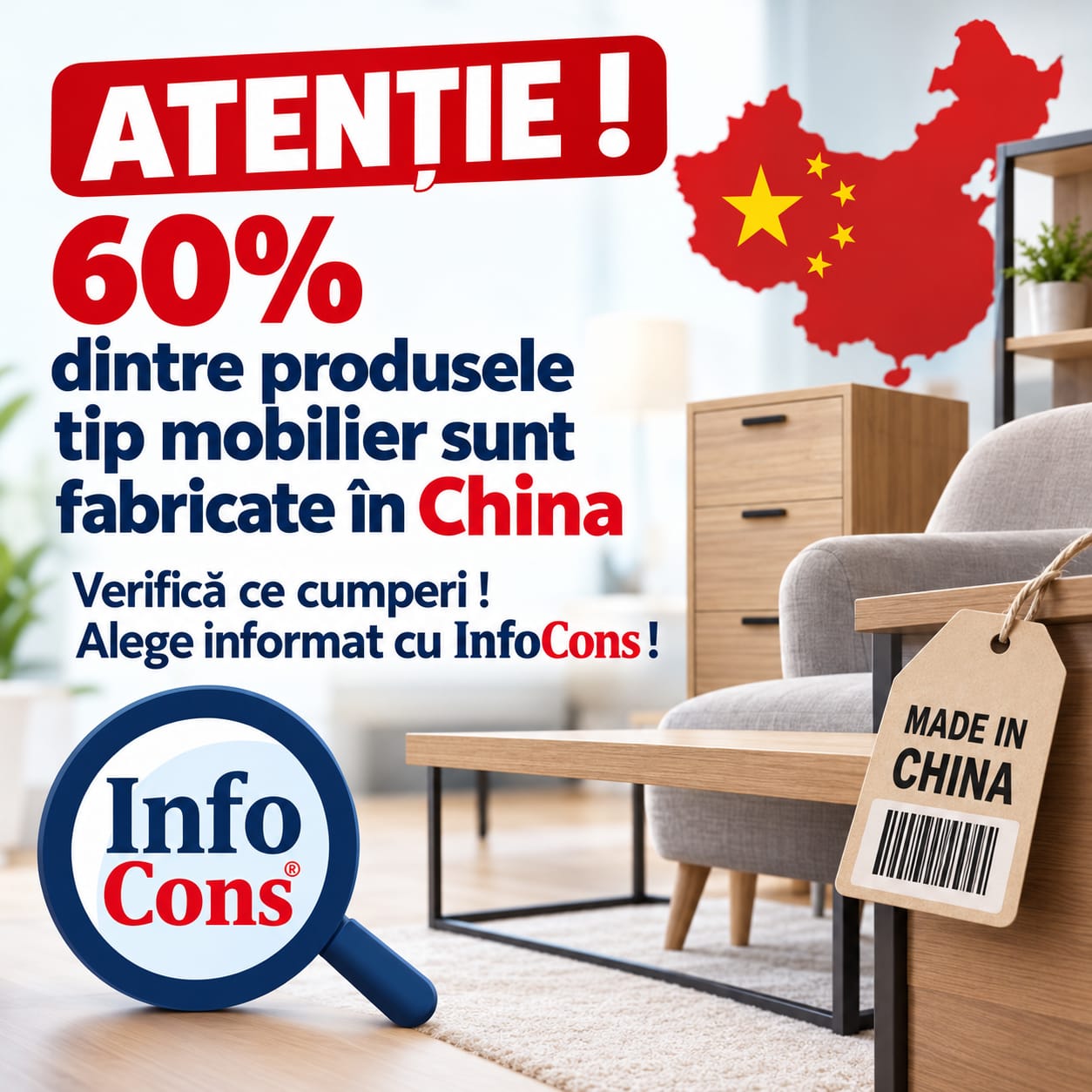Atentie ! 60% dintre produsele tip mobilier sunt fabricate în China - Verifică ce cumperi ! Alege informat cu InfoCons !
