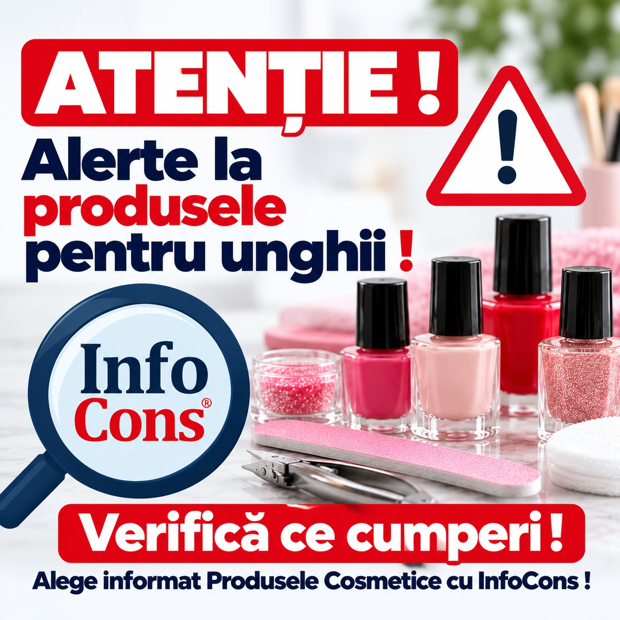 Atenție ! Alerte la produsele pentru unghii ! Verifică ce cumperi ! Alege informat Produsele Cosmetice cu InfoCons !