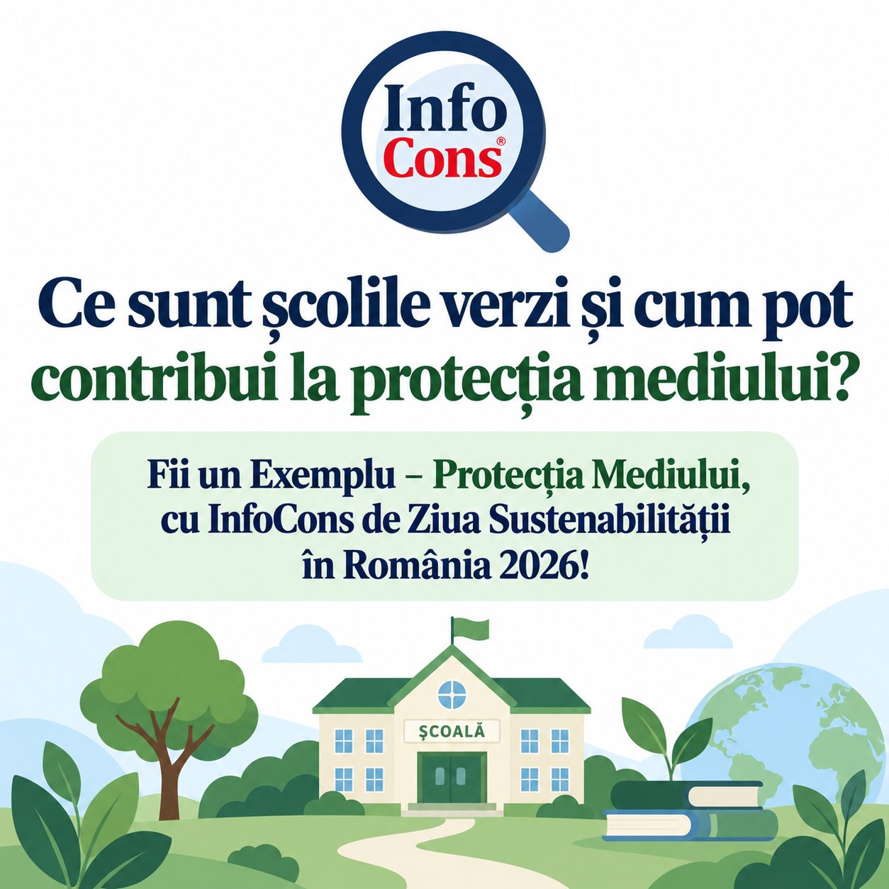 Ce sunt școlile verzi și cum pot contribui la protecția mediului ? Fii un Exemplu – Protecția Mediului , cu InfoCons de Ziua Sustenabilității în România 2026 !