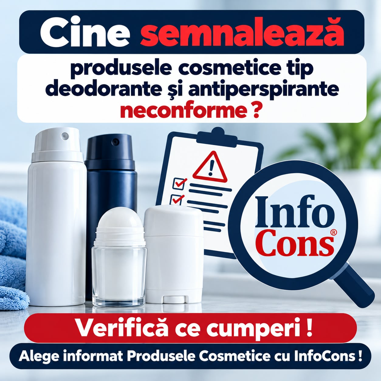 Cine semnalează produsele cosmetic tip deodorante și antiperspirante neconforme ? Verifică ce cumperi ! Alege informat Produsele Cosmetice cu InfoCons !