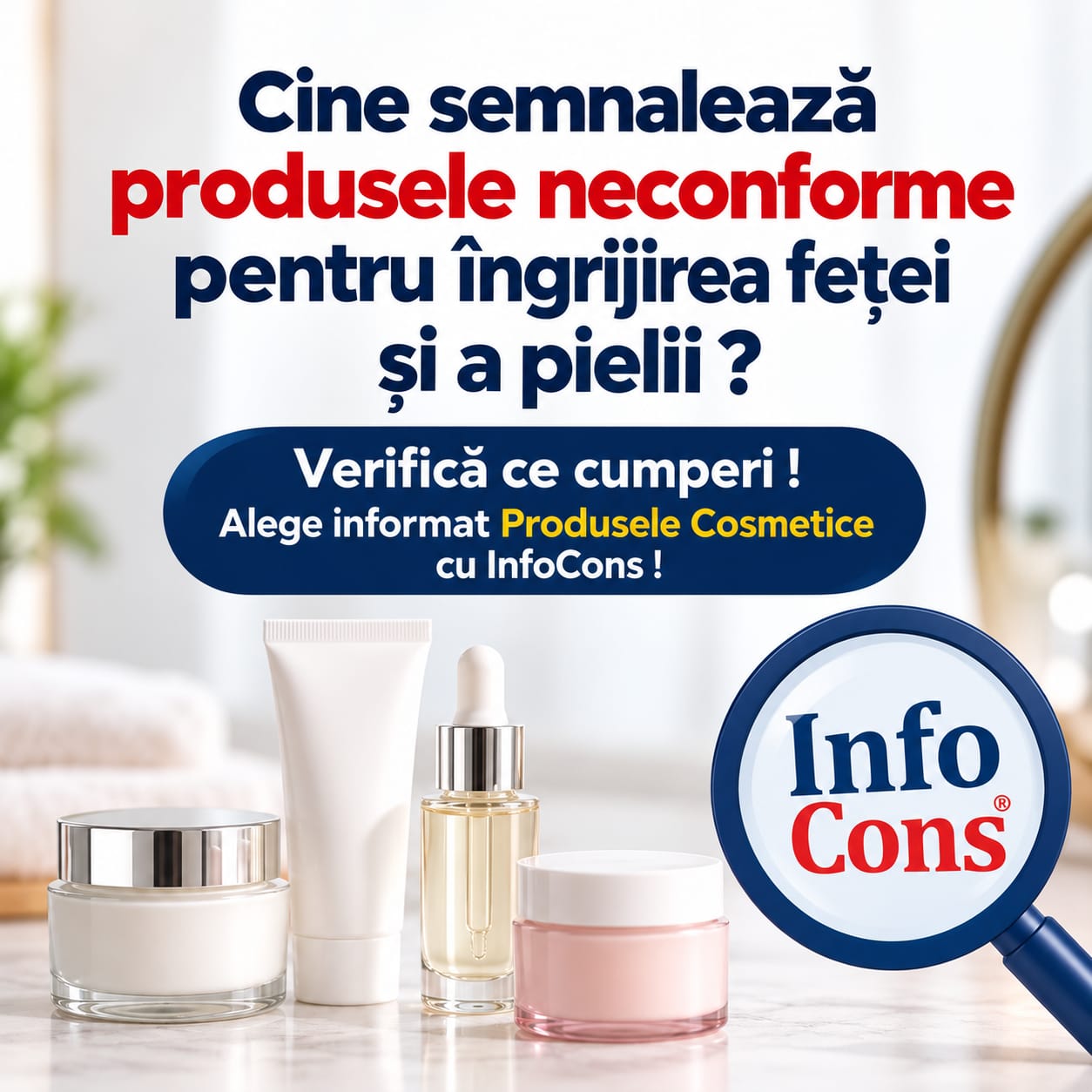 Cine semnalează produsele neconforme pentru îngrijirea feței și a pielii Verifică ce cumperi ! Alege informat Produsele Cosmetice cu InfoCons !